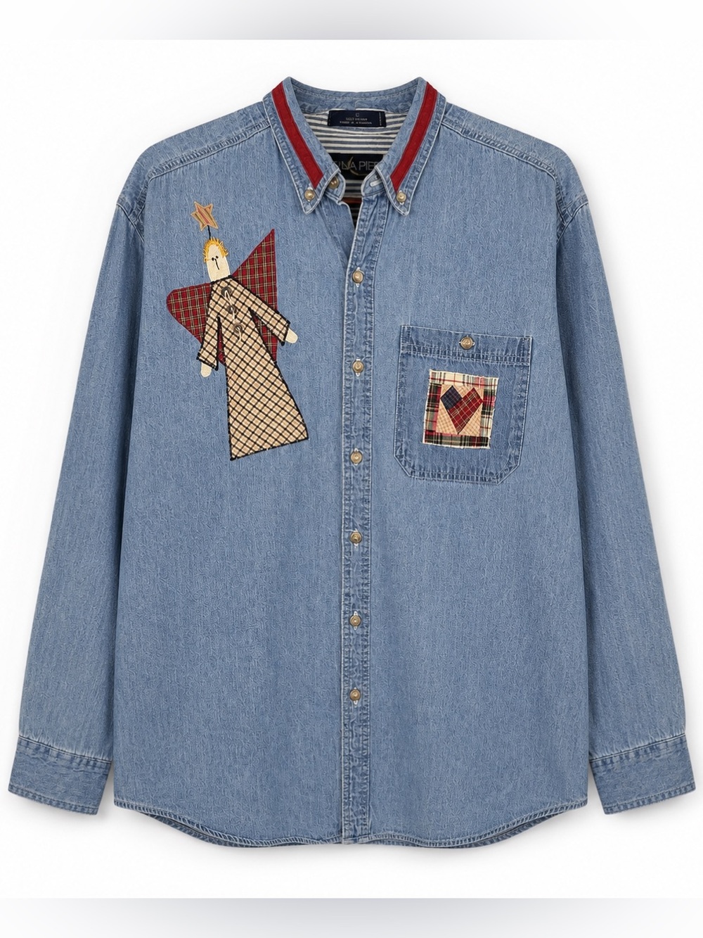 Vintage 90s Luna Pier Angel Patchwork Denim Button Up Shirt L Cotton Oversized